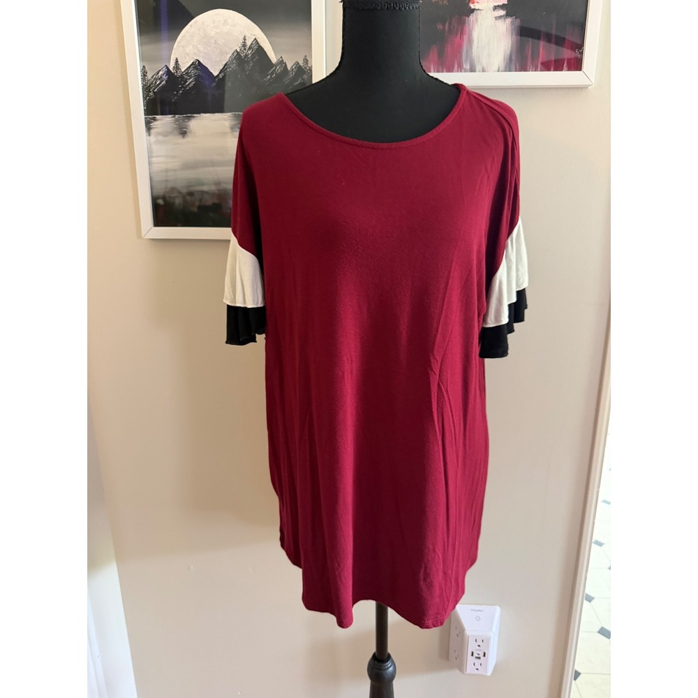 2B Together Womens Burgundy Red Colorblock Ruffle Sleeve Tunic Top Size S